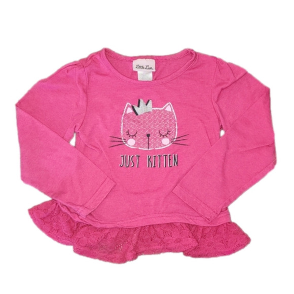 Little LASS Pink Long Sleeve Tee with Lace Ruffle Bottom and Cat on Front - Picture 1 of 5